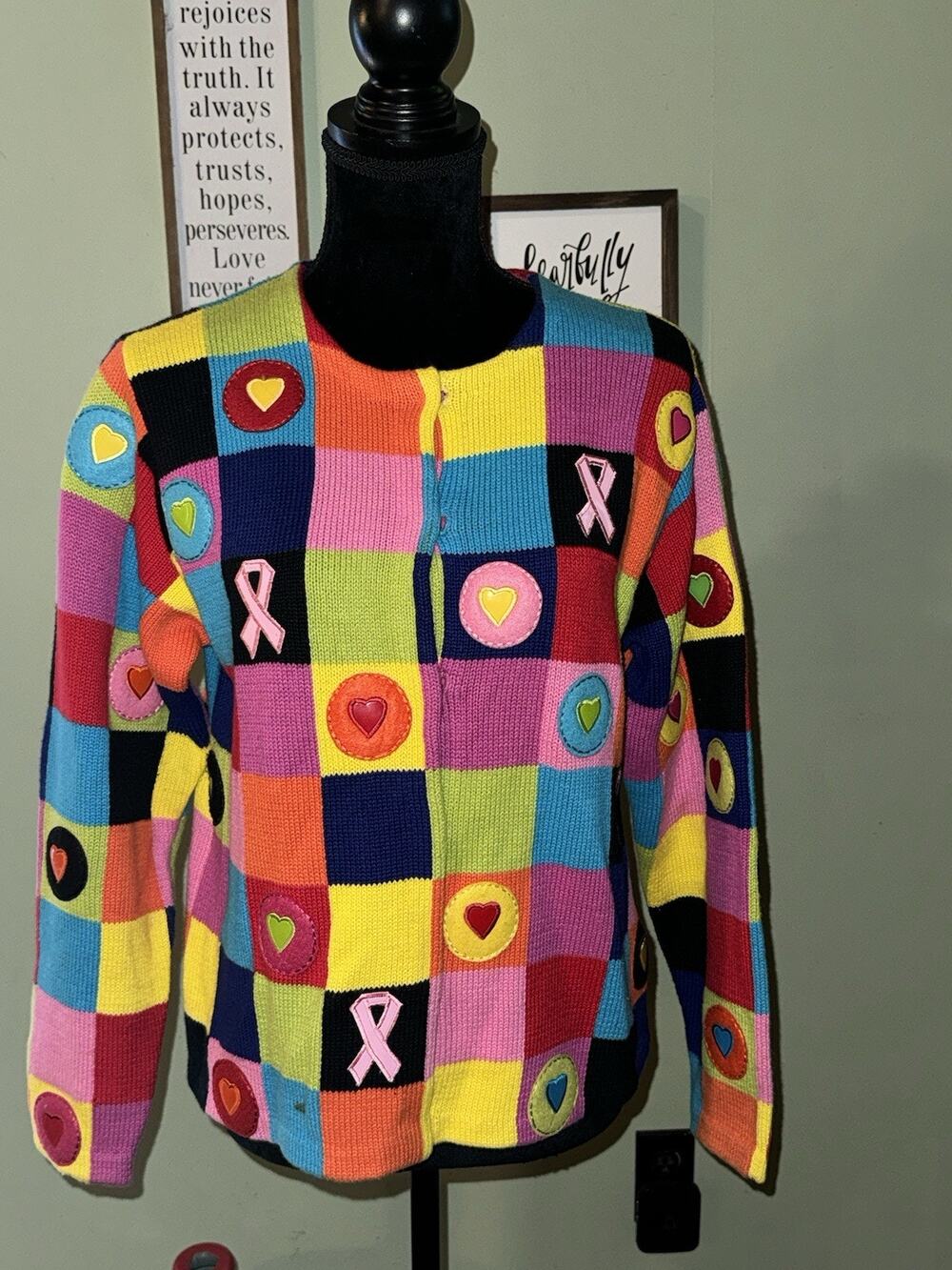 Whimsical Patchwork Rainbow Knit Cardigan Breast Cancer Ribbon Womens Small